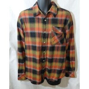 CQR Button Up Shirt Mens M Orange Black Plaid Flannel Long Sleeve Classic